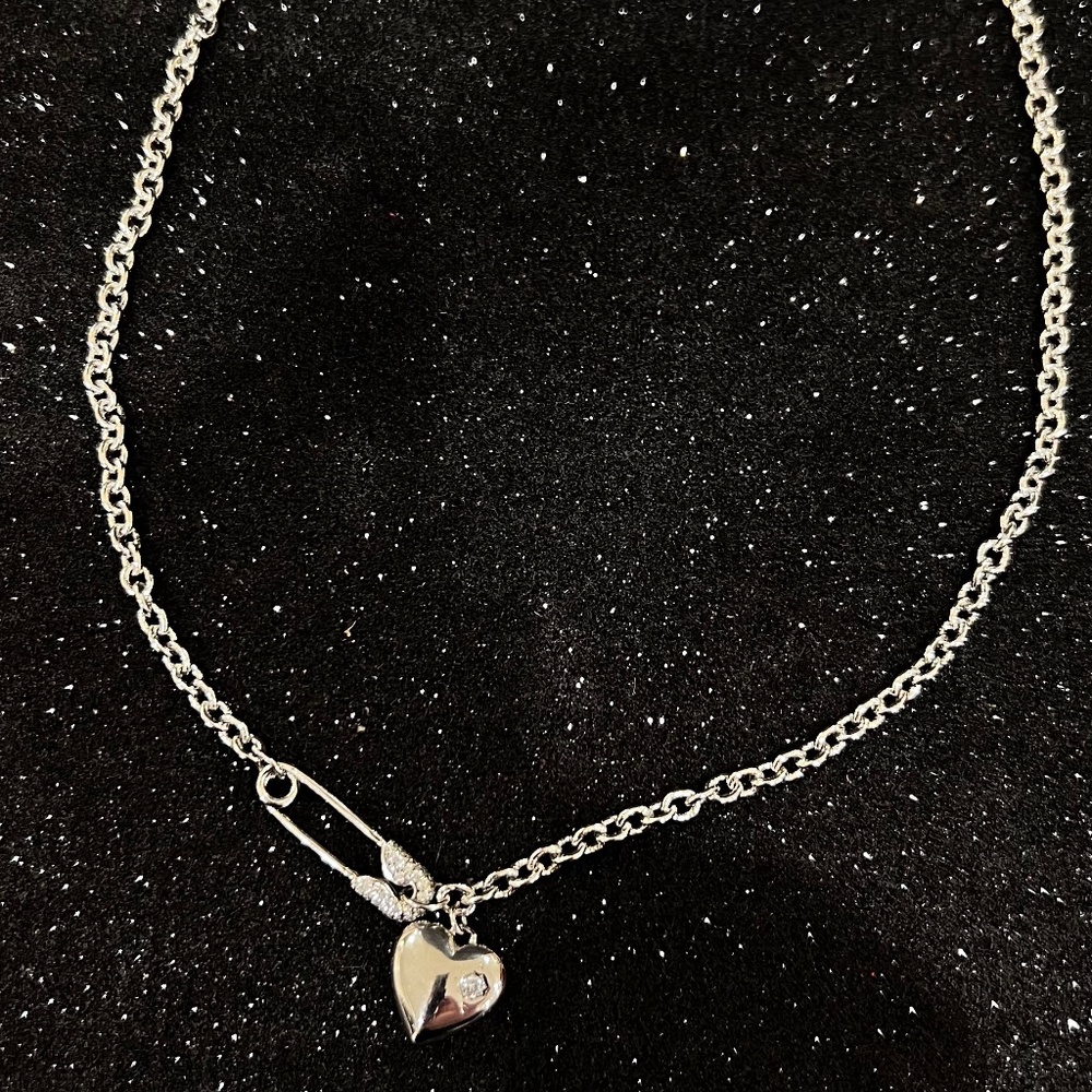 💎New Sterling Silver Pin & Heart CZ Crystal Necklace - Picture 4 of 6